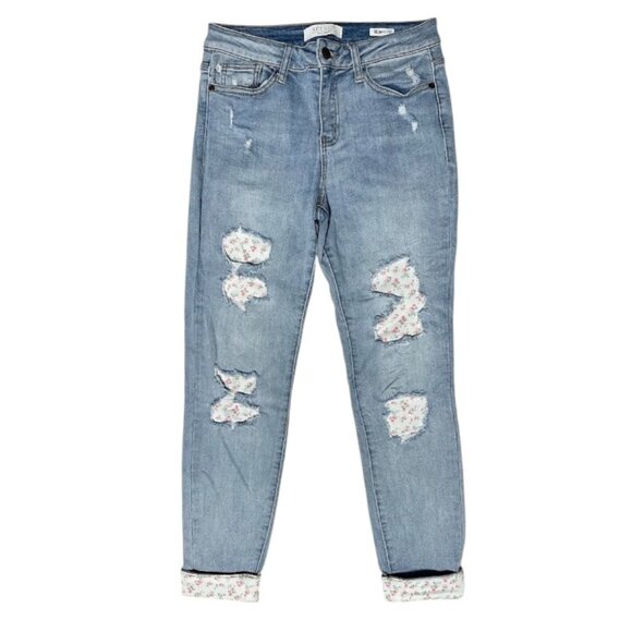 Judy Blue Floral Patch Jeans Distressed Lightwash Roll Hem Skinny Fit Women 28 - Picture 3 of 12